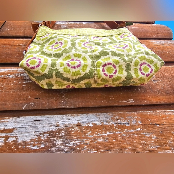 Vintage Fossil Green Canvas & Brown Genuine Leather Crossbody Purse Floral - Picture 12 of 16